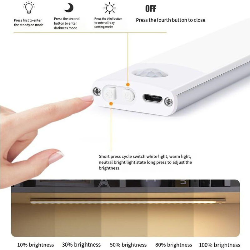 LED Motion Sensor Under Cabinet Closet Light USB Rechargeable Kitchen Lamp Strip