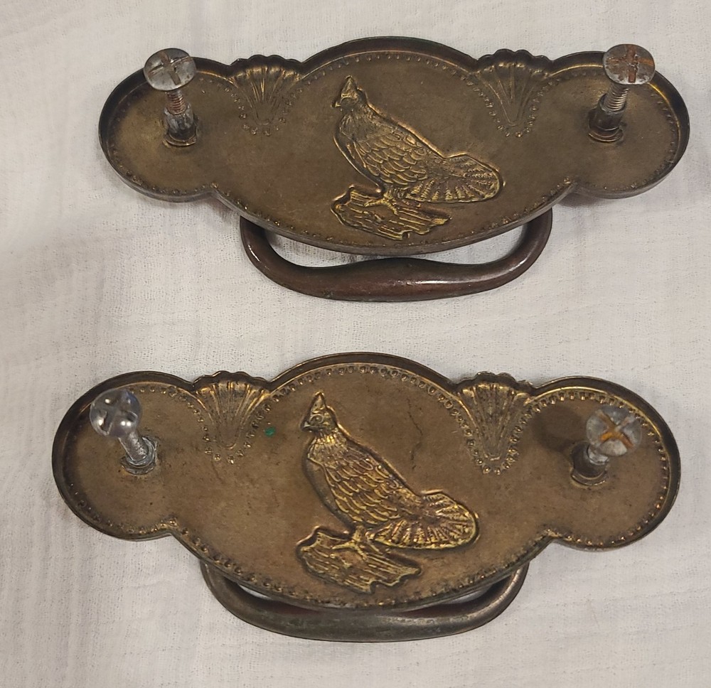 2 Vintage Ornamental Brass Drawer Pulls With Grouse Birds