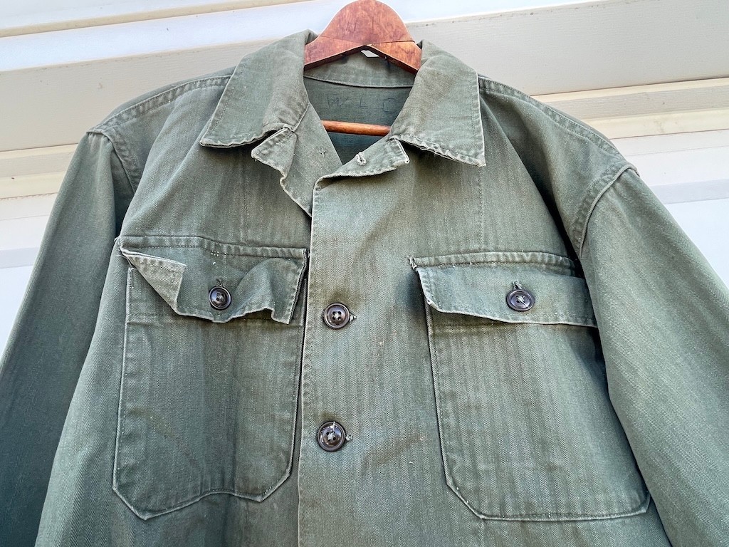 vtg WW2 US Military Army green button field shirt jacket HBT OG 107 Poplin WWII