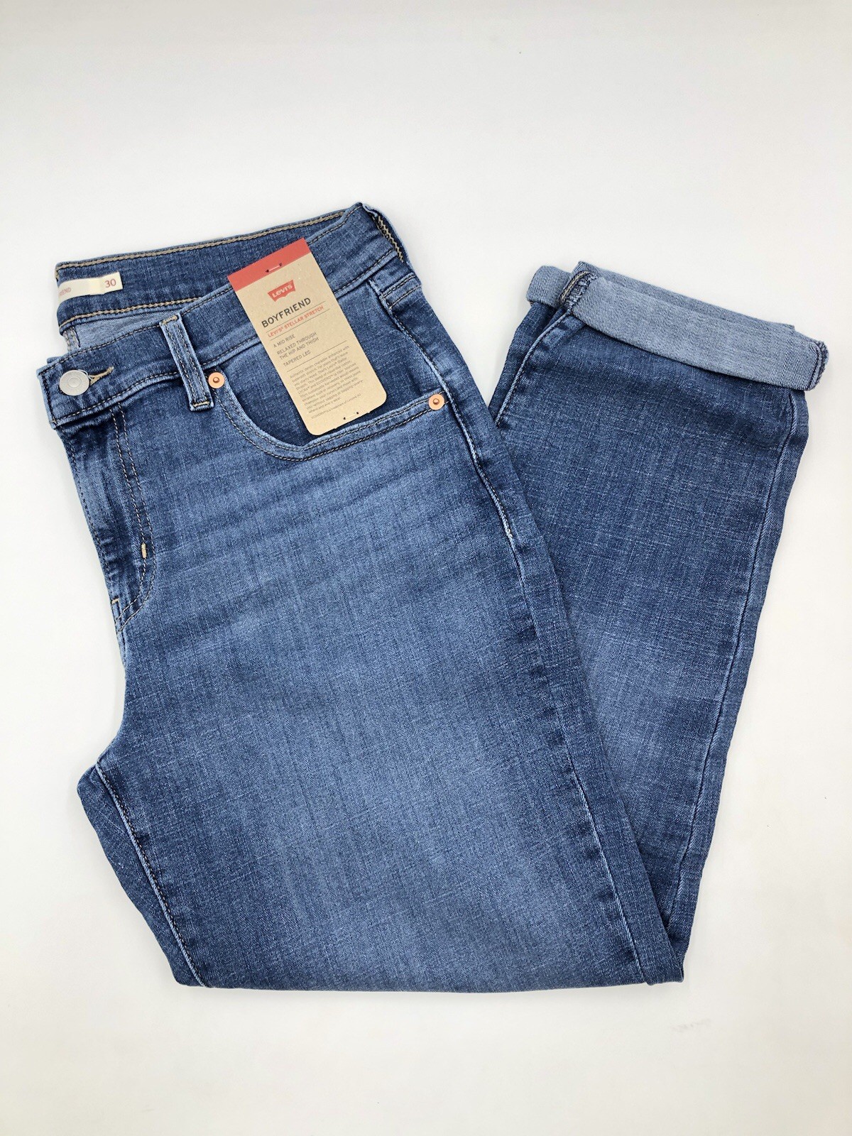 Levi's Lady Womens Boyfriend Jeans 30 x 27 Regular Stretch Mid Rise Tapered Blue