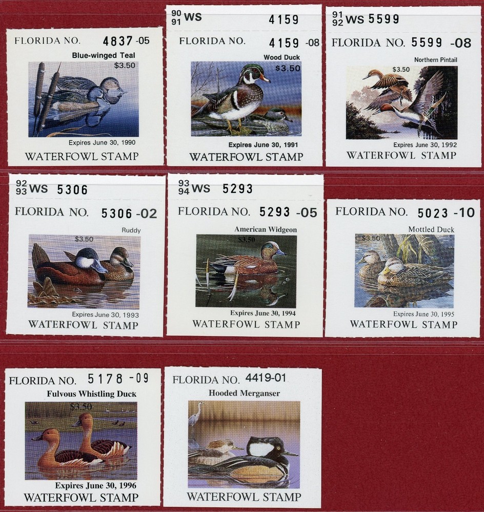 US Florida 8 Different State Duck Stamps, Mint, NH