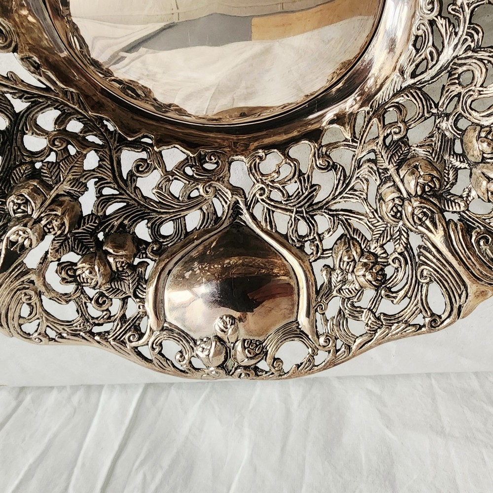 Silverplate Metal Centerpiece Bowl Intricate Pierced Openwork Design Roses