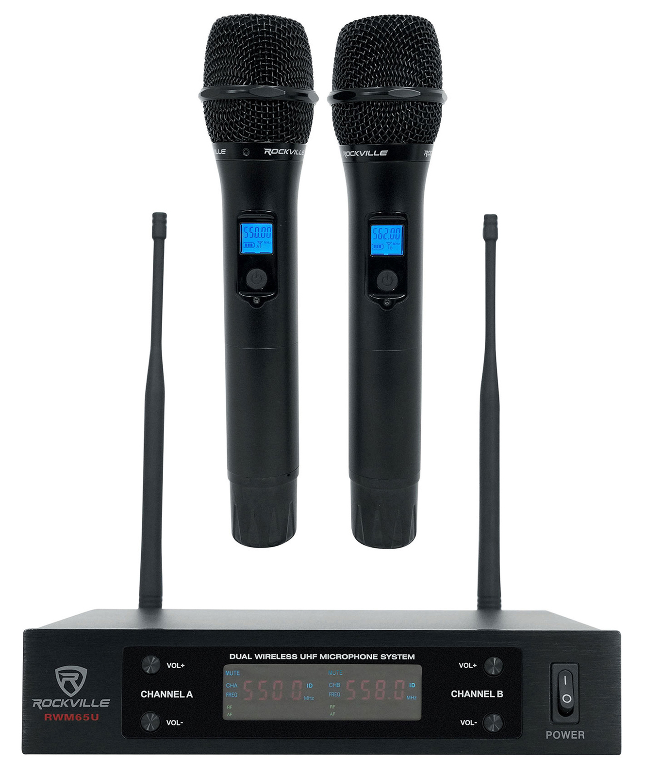 Rockville Dual UHF 15-Ch Metal Handheld Wireless Vocal Karaoke Microphone System
