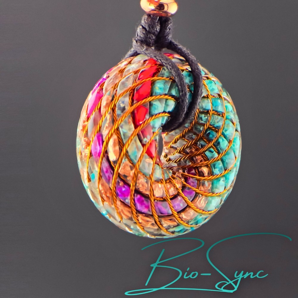 Phi Torus Vortex Energy Pendant—Turquoise Opalina Fire Opal Red Coral Copper