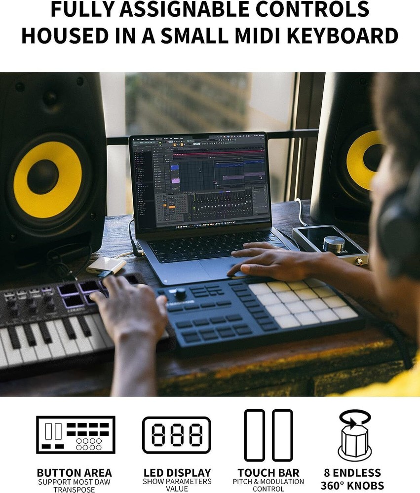 LEKATO 25 Key USB MIDI Keyboard Controller Bluetooth Rechargeable 8 Drum Pads