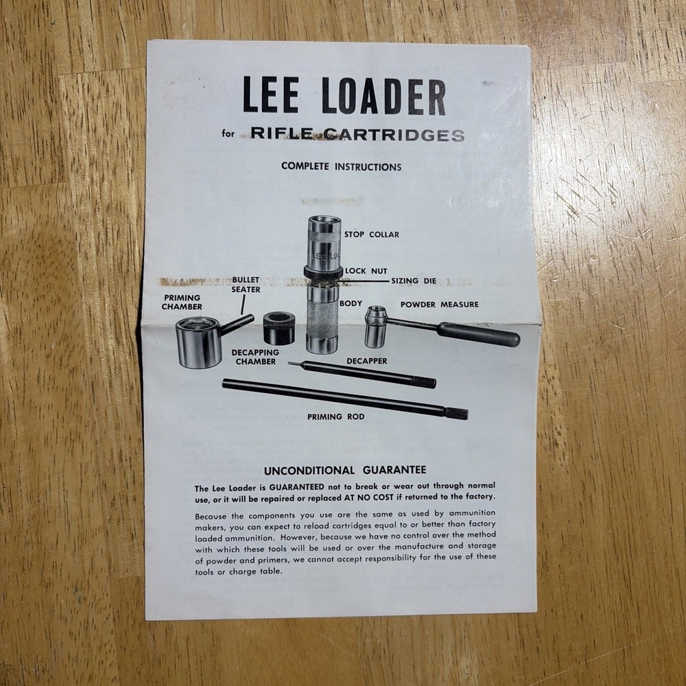 Lee Loader 7.65 Mauser Reloading Tool Factory Box w/ Charge Table, Instructions