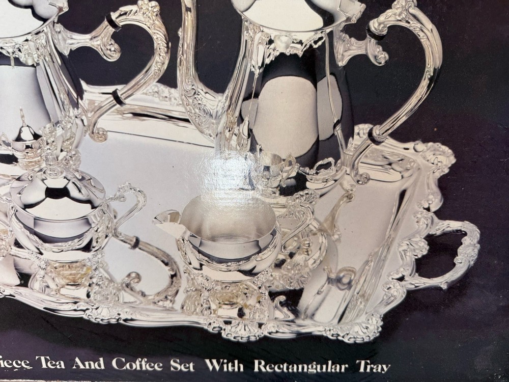 ELEGANCE IN SILVER 4-pc TEA and COFFEE SERVING SET plus SERVING TRAY Used In Box
