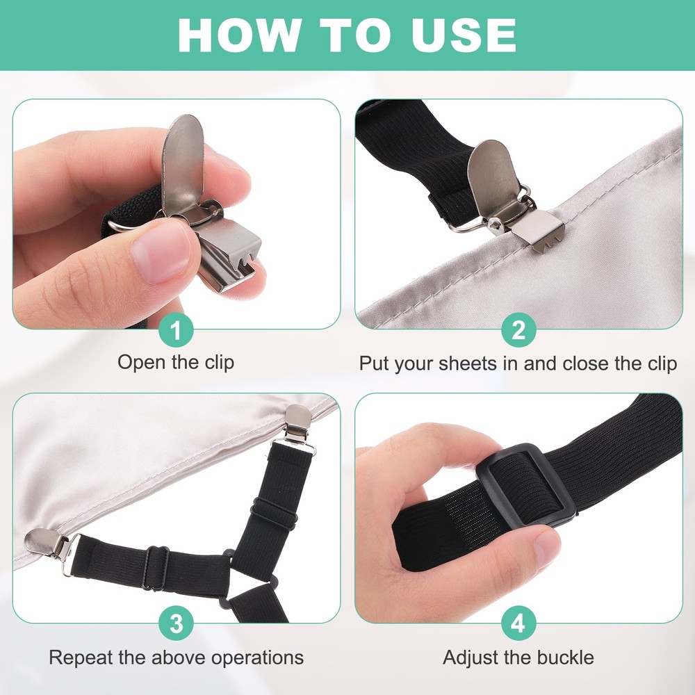 4Pcs Bed Sheet Holder Straps Elastic Adjustable, White