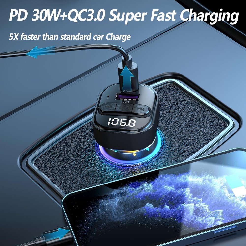 Transmitter Bluetooth FM for Car Bluetooth Car Adapter with Type-C PD 30W Charge