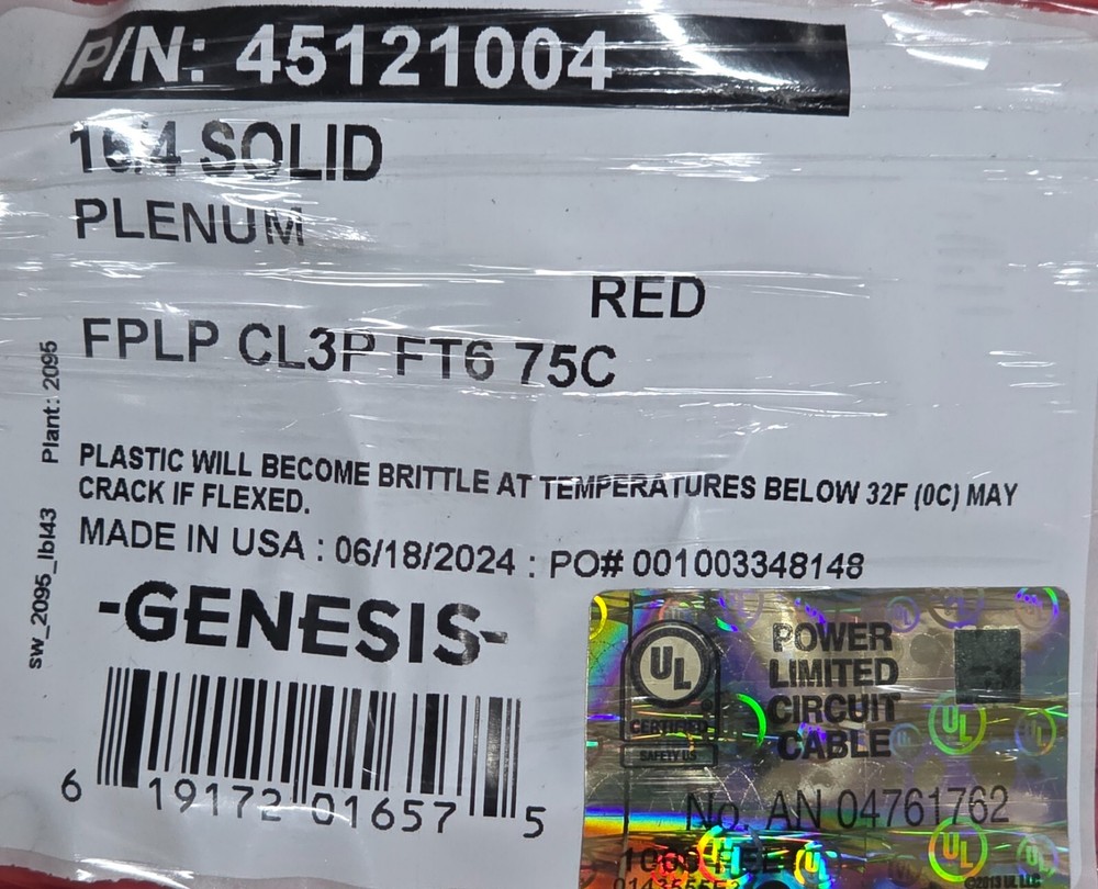 Southwire Genesis 4512 16/4C Solid Plenum Fire Alarm Cable FPLP Plenum Red/100ft