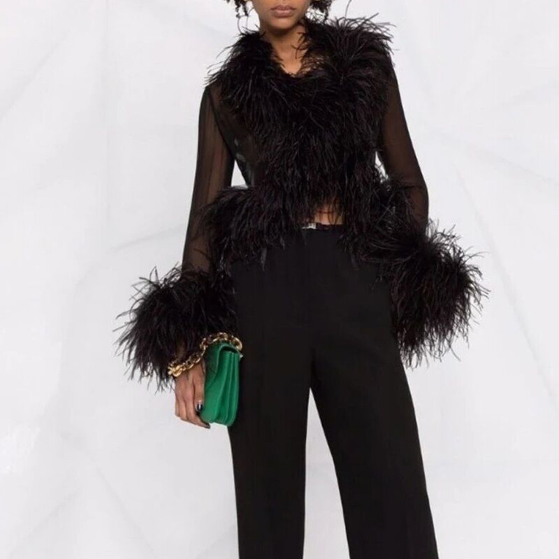 Lady Ostrich Feather Top Cardigan Mesh Sexy See Through Fluffy Feather Blouse