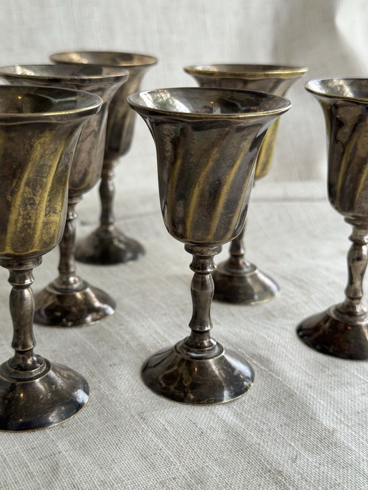 Vintage EPNS Goblets Set of 6 Silver Plated Fluted Brass Cups, India, 3.75” Tall