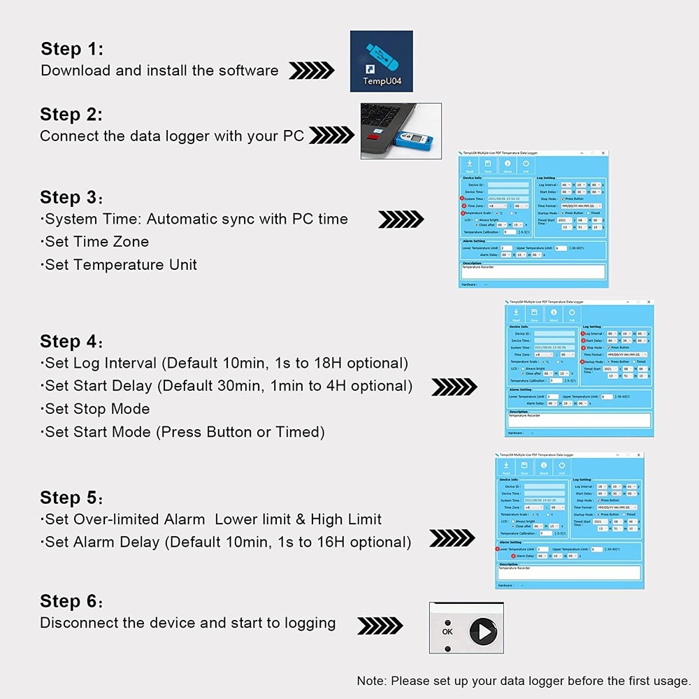 Temperature Data Logger, USB Temperature Data Recorder with PDF & CSV