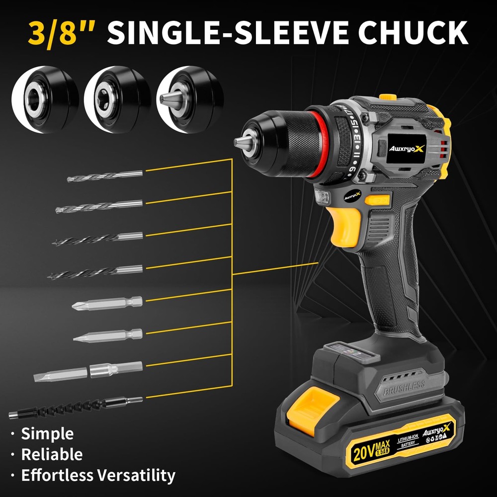 Brushless Compact Drill Tool Set, 60N.m 20V Cordless Drill Tool Box with 2 Ba...