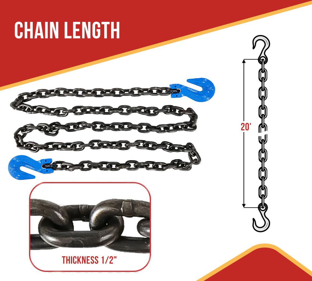 3/8" x 20' G100 High Grade Transportation Chain w/ Grab Hooks, 8800 lbs WLL