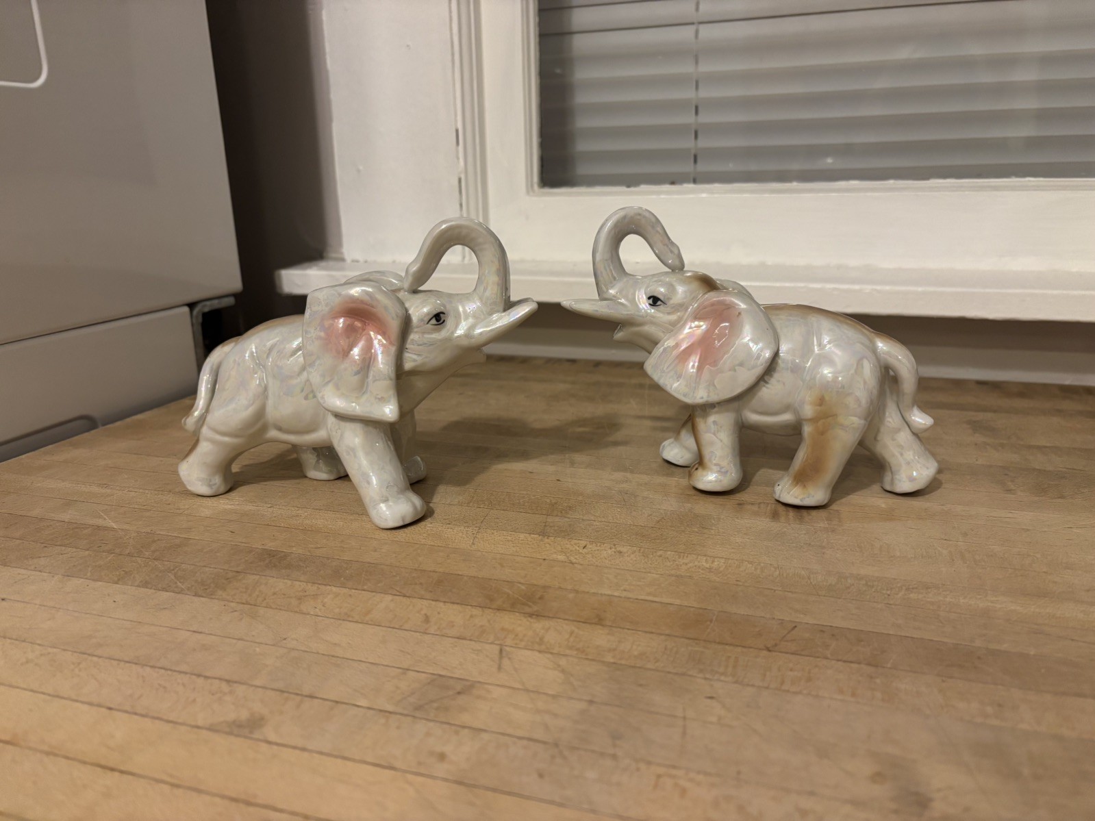 Vtg Lustreware Elephant Figurine 1950's Trunk Up LusterWare Gray & Pink MCM set
