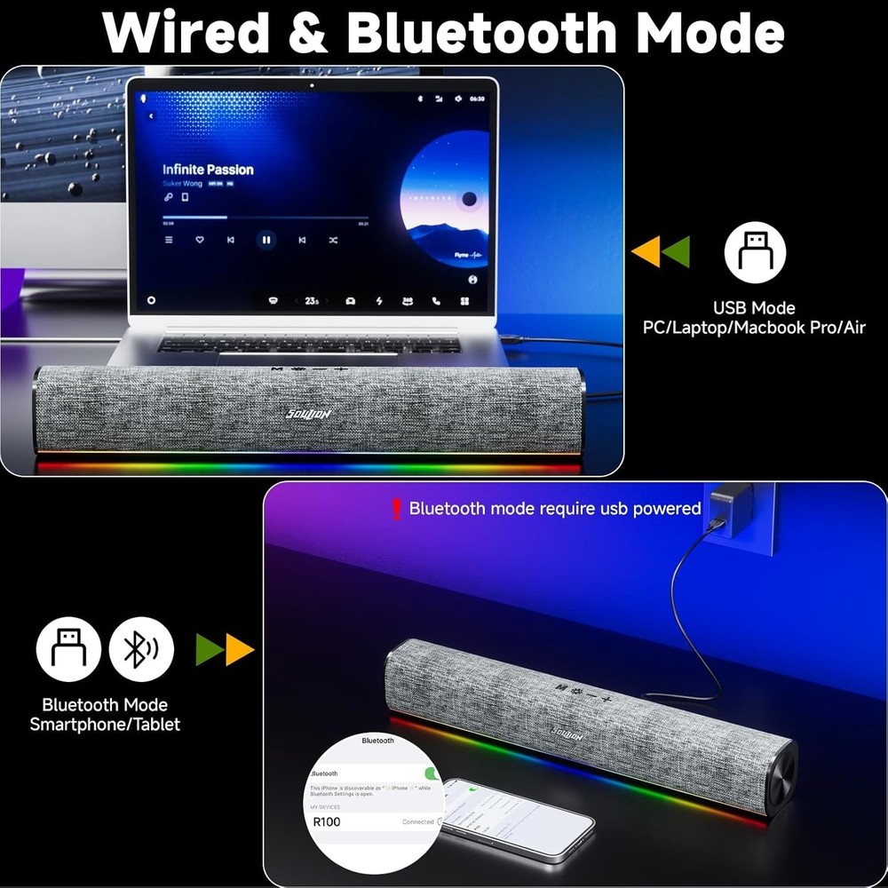 SOULION R100 Bluetooth Computer Speakers with Dynamic LED Light, USB Plug & Play