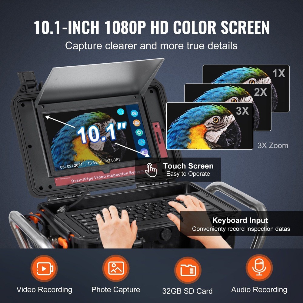 Self-Leveling Sewer Camera: 328ft, 10.1" Touchscreen, 512Hz Transmitter, 12 LED