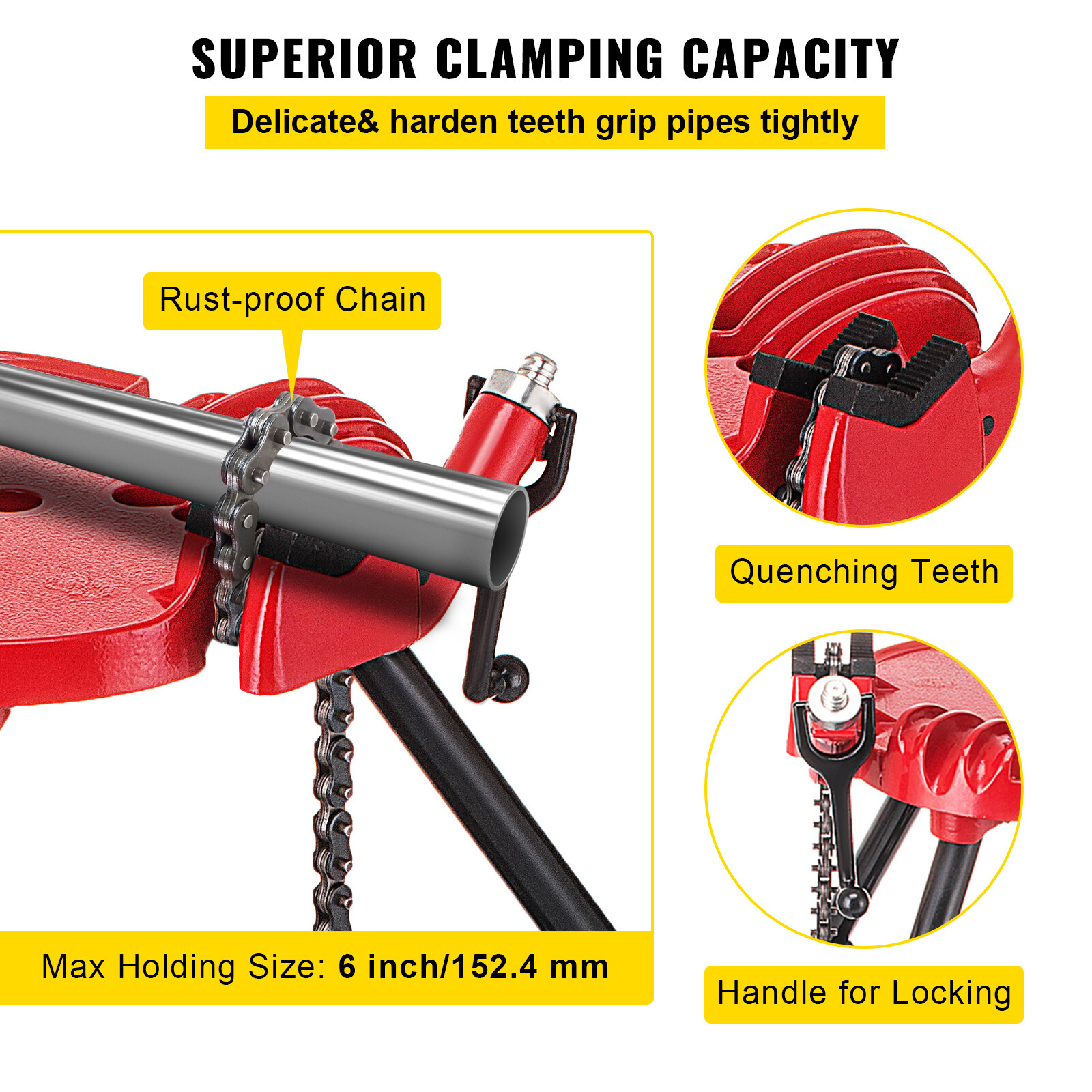 VEVOR 460-6 Tripod Pipe Chain Vise 6" Capacity Foldable Steel Legs w/ Tool Tray