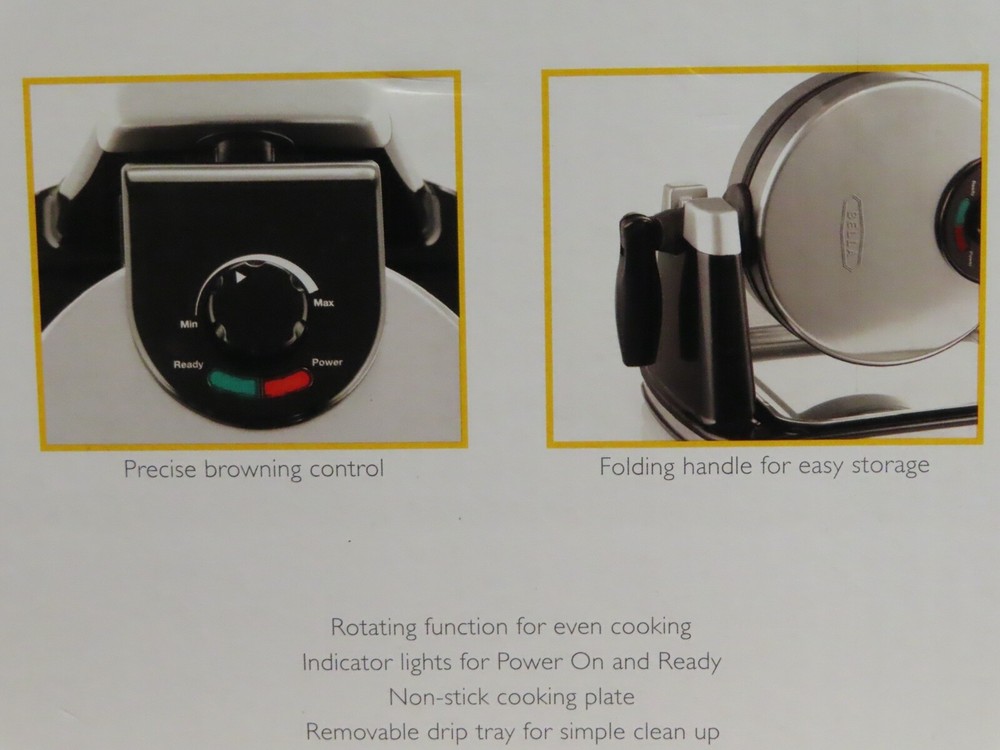 NIB BELLA ROTATING BELGIAN WAFFLE MAKER PRECISE BROWNING CONTROL / DRIP TRAY