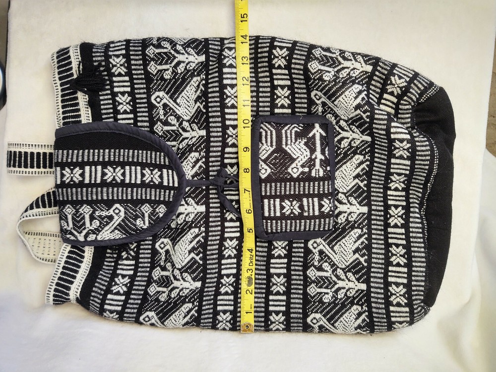 Vtg Soft Backpack Daypack Padded Woven Black/White Lined Boho Ethnic