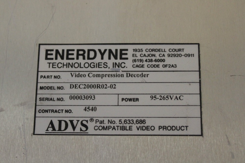 ENERDYNE ADVS DEC2000R2 DEC2000R02-02 DIGITAL VIDEO COMPRESSION DECODER