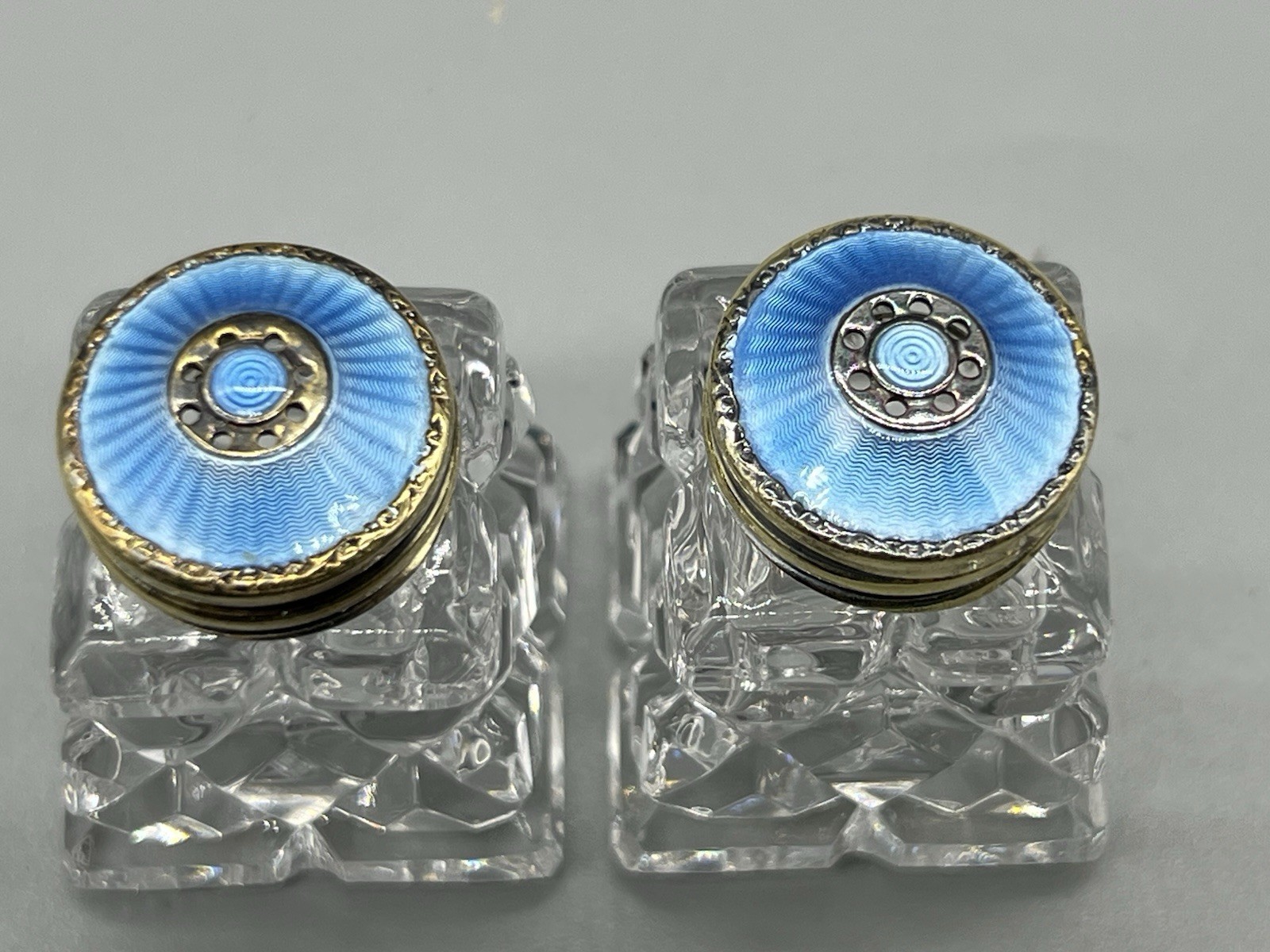 2 VTG Norway Sterling Silver Blue Guilloche Lids & Glass Salt Pepper Shakers