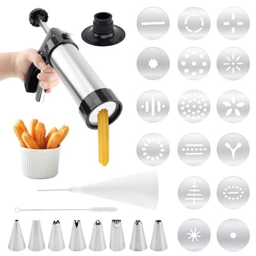 Churro Maker Machine with 16 Discs & 8 Nozzles - Multi-Function Cookie Press Kit