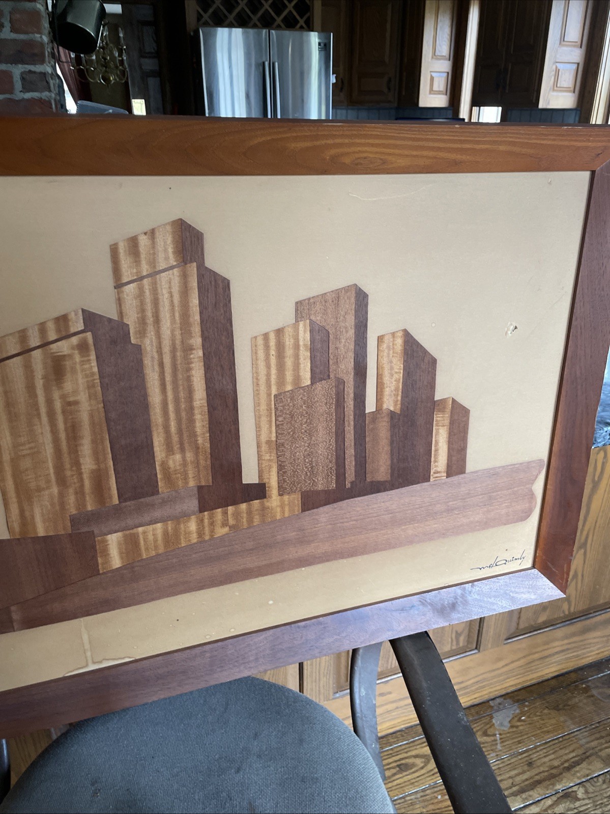 Vtg Mid Century Mel Quincy 62” Wood Original Veneer Signed Art Work Very Good