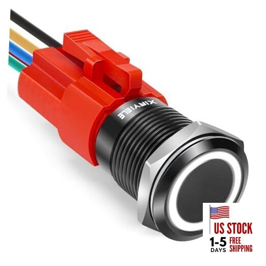 16MM Latching 12V Push Button Switch On Off,Waterproof Black Shell White LED