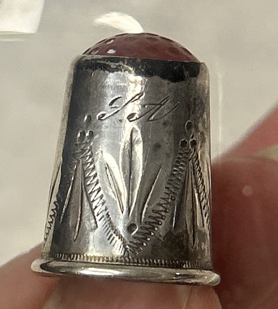 Antique Red Glass Stone Top Etched 830 Silver Thimble w/ Initials