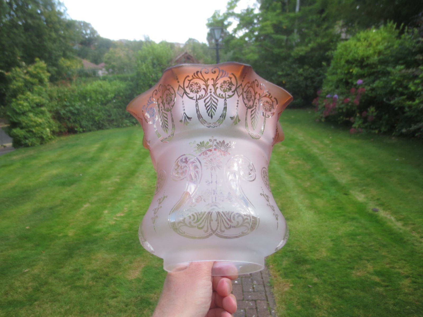 ORIGINAL ANTIQUE TALL GLASS DUPLEX ACID ETCHED TULIP OIL LAMP SHADE