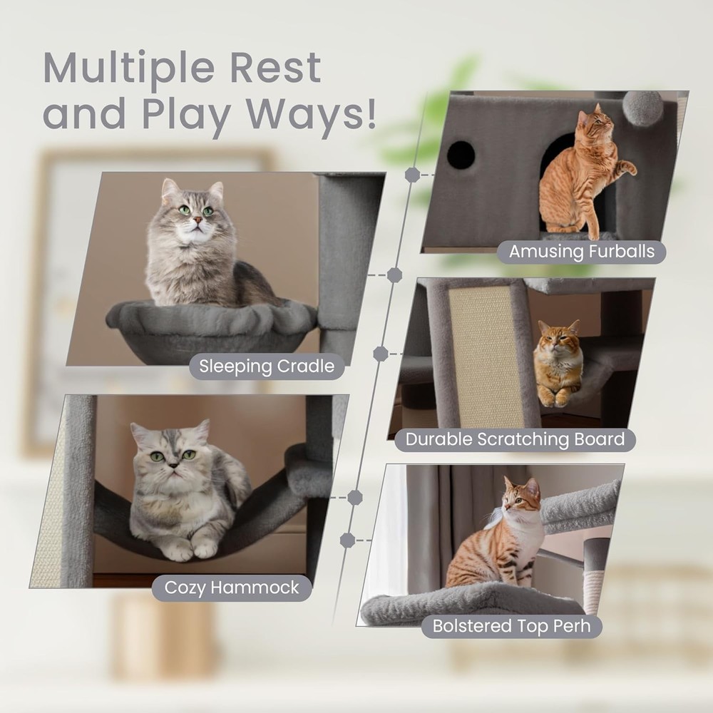 Large 65" Cat Tree Tower with Cozy Perches, Scratching Posts & Hammock - Grey