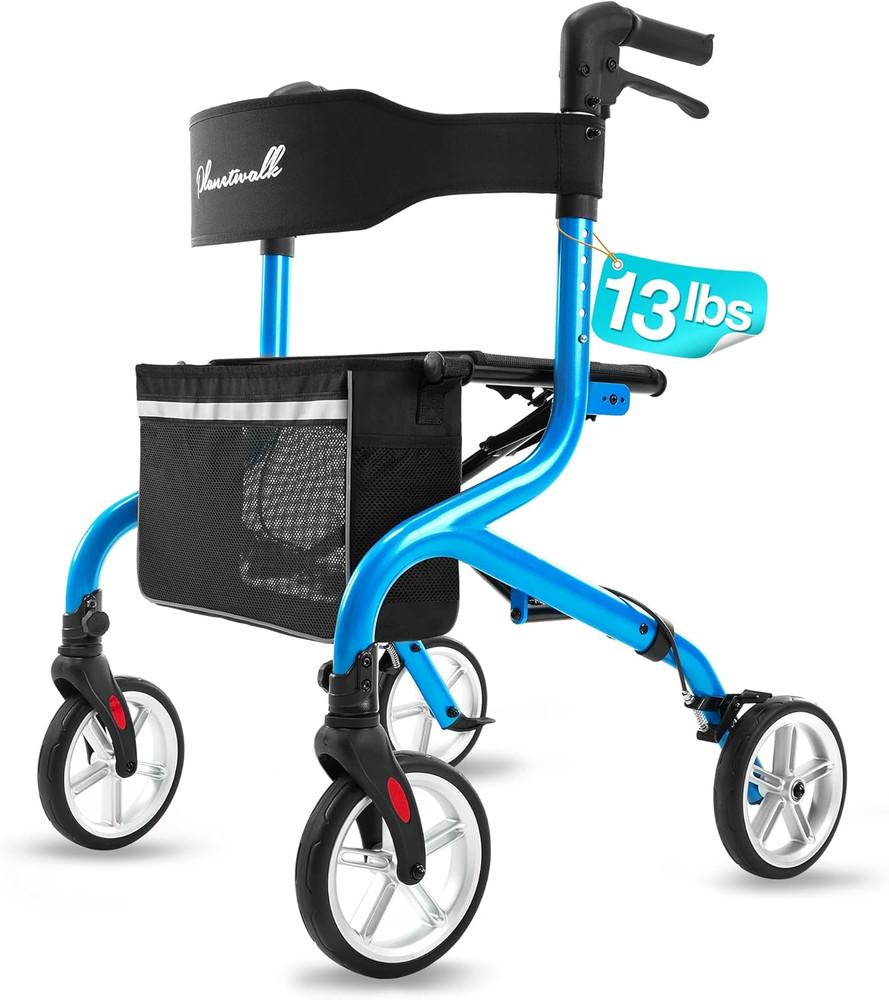 Ultra-Lightweight Foldable Rollator Walker with Seat & 8" Wheels - Blue