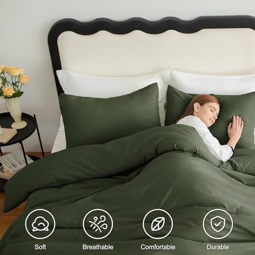Comforter Set 3 Pieces 120x98 Solid Breathable Oversized King Olive Green