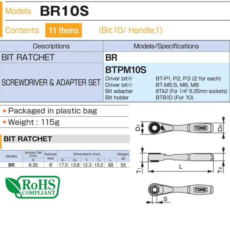 Bit Ratchet Set Br10s 1/4" Hex Shank Bit 11pie