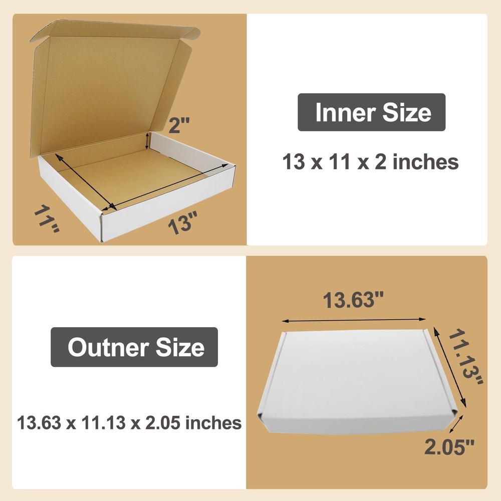 13x11x2" Box, White Shipping Boxes Mailer Flat Mailing Packaging Corrugated C...