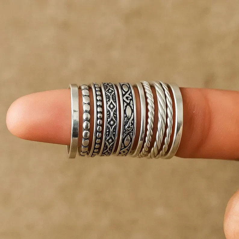 Silver Ring Set – Handmade Boho Stacking Bands, Vintage Oxidized Sterli All Size