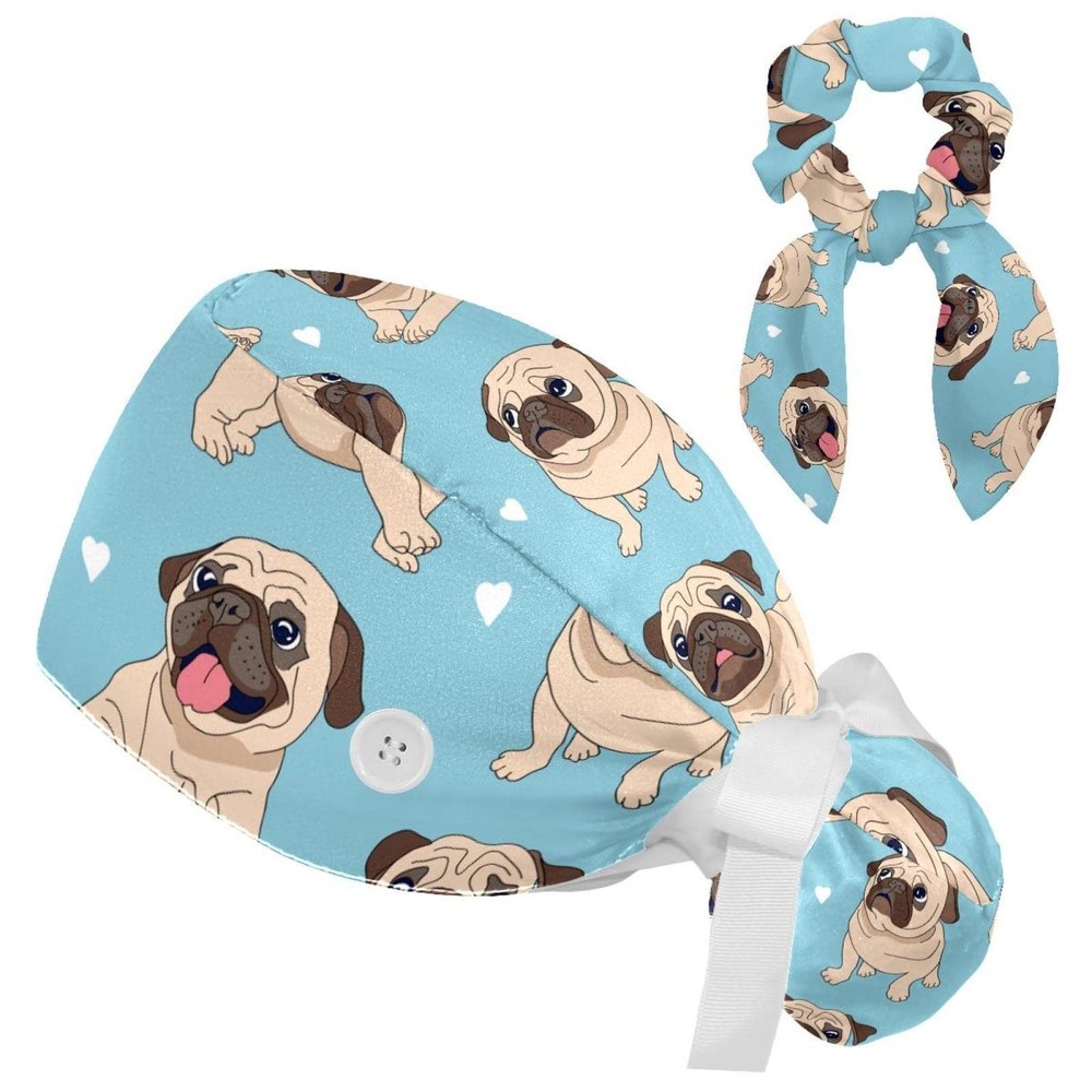 Funny Frogs Pattern Scrub Cap Adjustable Working Button Bouffant Hair Scrunchy