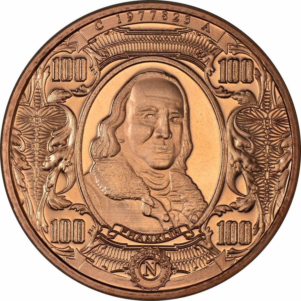 1 oz .999 Copper Round - $100 Ben Franklin Note design