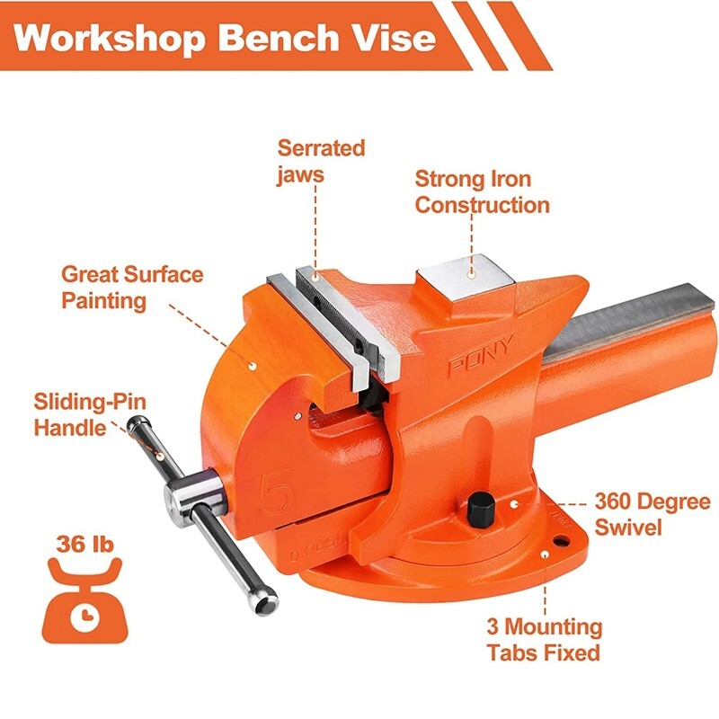 PONY 5-inch Heavy-Duty Bench Vise Utility Combination Pipe Vise 360° Swivel Base