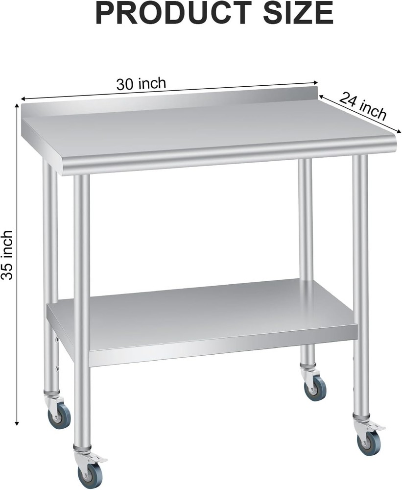Stainless Steel Kitchen Restaurant Prep Work Table with 4 Wheels and Backsplash