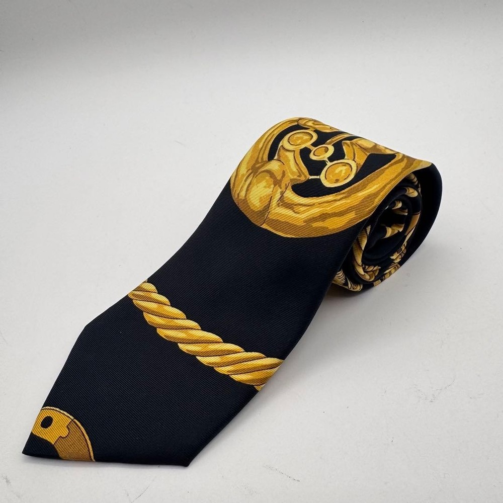 Hermes Necktie Silk Black Gold Baroque Pattern Used