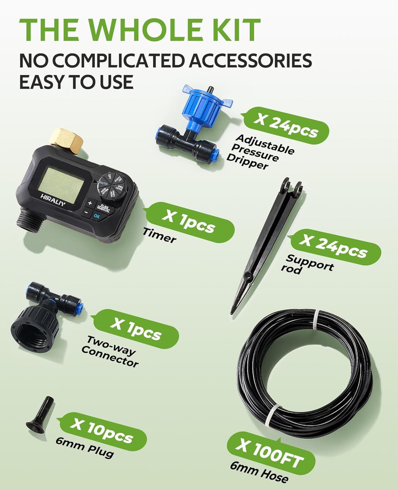 100FT Pressure Compensated Drip Irrigation System with Timer, No-Leak Quick Conn