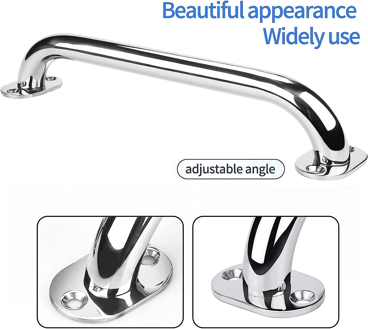 Pair Marine Boat Grab Handle Hand Rail with Flange & Stud - 12" Long Stainless