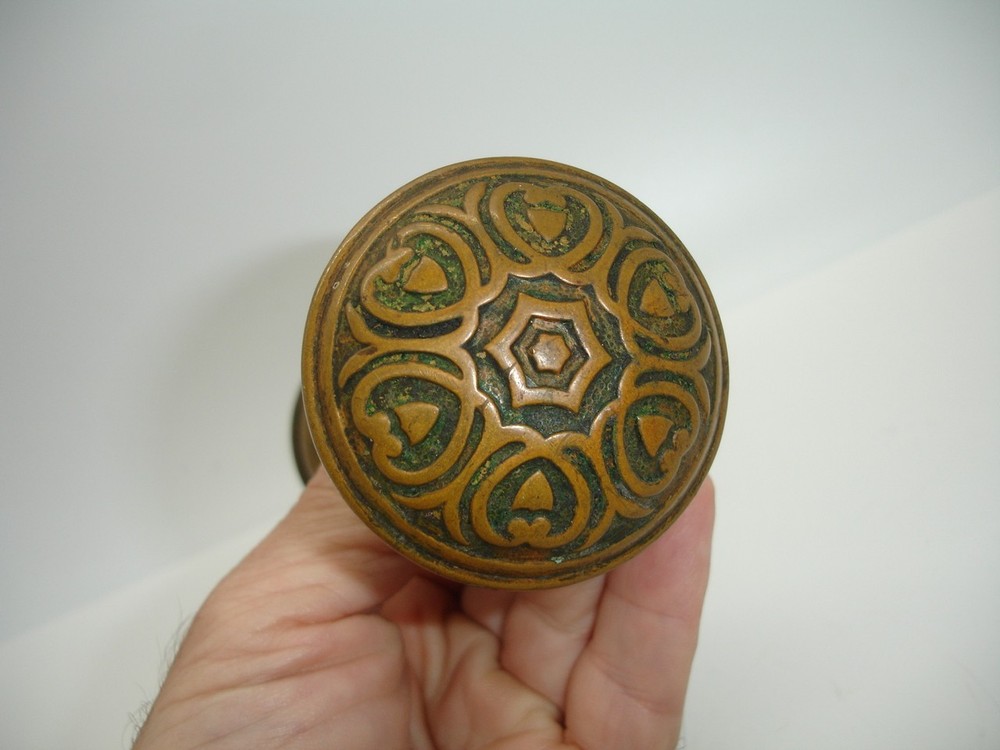 Antique Victorian ornate bronze HEART doorknob set brass CORBIN hardware knobs