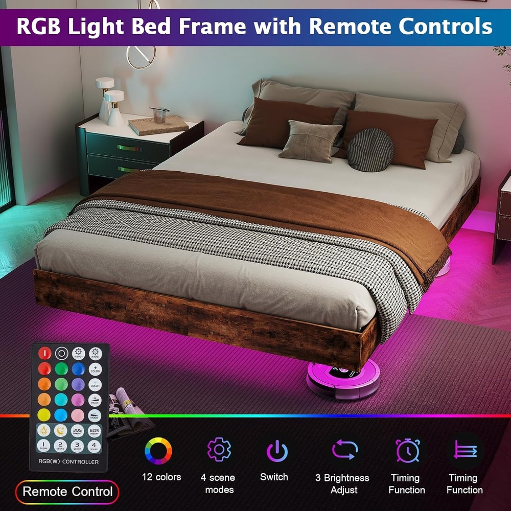 Floating Full/Queen/King Bed Frame with LED Lights, No Box Spring Needed