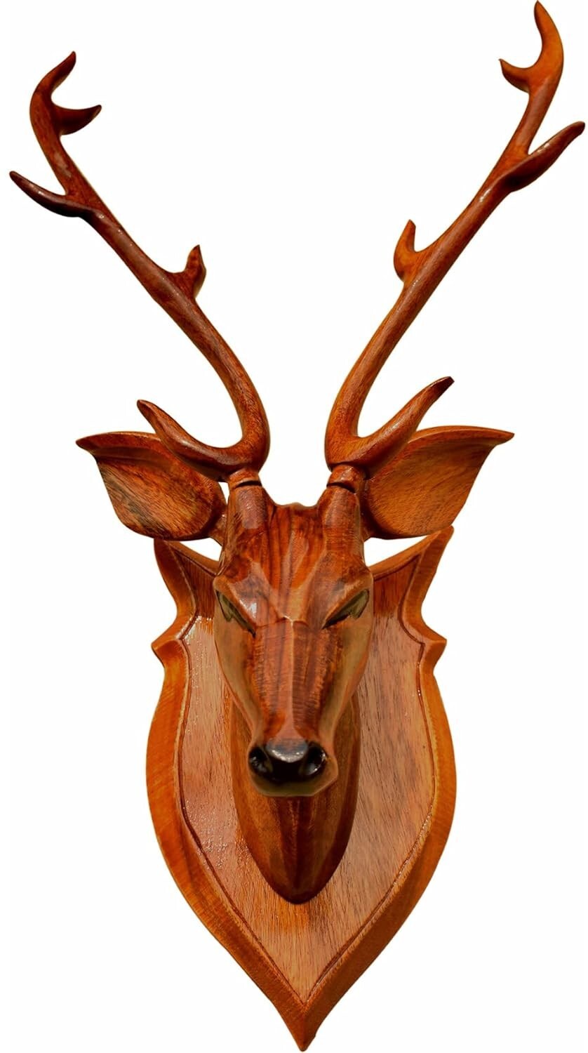 Handcrafted Wood Deer Head with Horn Sculpture Figurine Showpiece Wall Decor