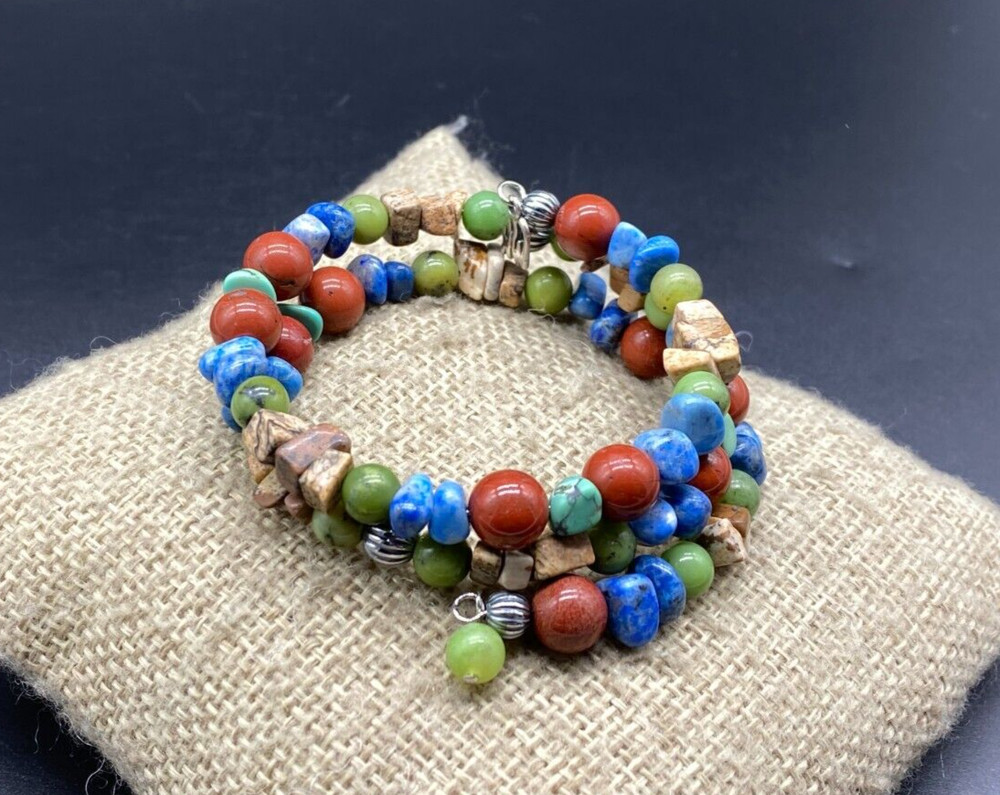 AMERICAN WEST-Sterling Silver Southwest Multi Gemstone Memory Wire Wrap Bracelet