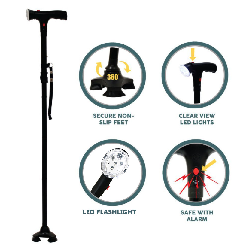 Adjustable Walking Stick Cane Folding Handle Metal With LED Light &Alarm button
